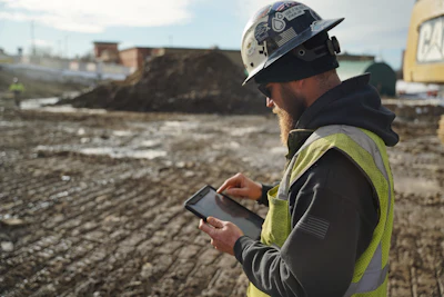 Construction worker in safety gear using tablet on industrial job site