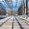 Interior of large industrial greenhouse with metal framework, blue plastic roof panels, concrete pillars, and paved flooring