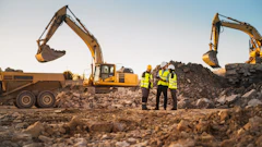 Construction site with two excavators, workers in safety vests, and dump trucks moving earth and rock materials