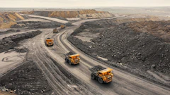 Heavy dump trucks navigate winding roads through an active quarry or mining site with excavated terrain and stockpiled materials.