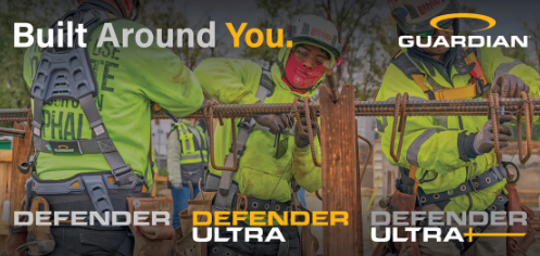 Guardian safety gear advertisement featuring workers in neon yellow-green protective clothing and equipment with Defender Ultra product line messaging