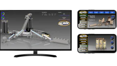ALMix industrial equipment 3D modeling software interface with data visualization dashboards displayed on monitor and mobile screens