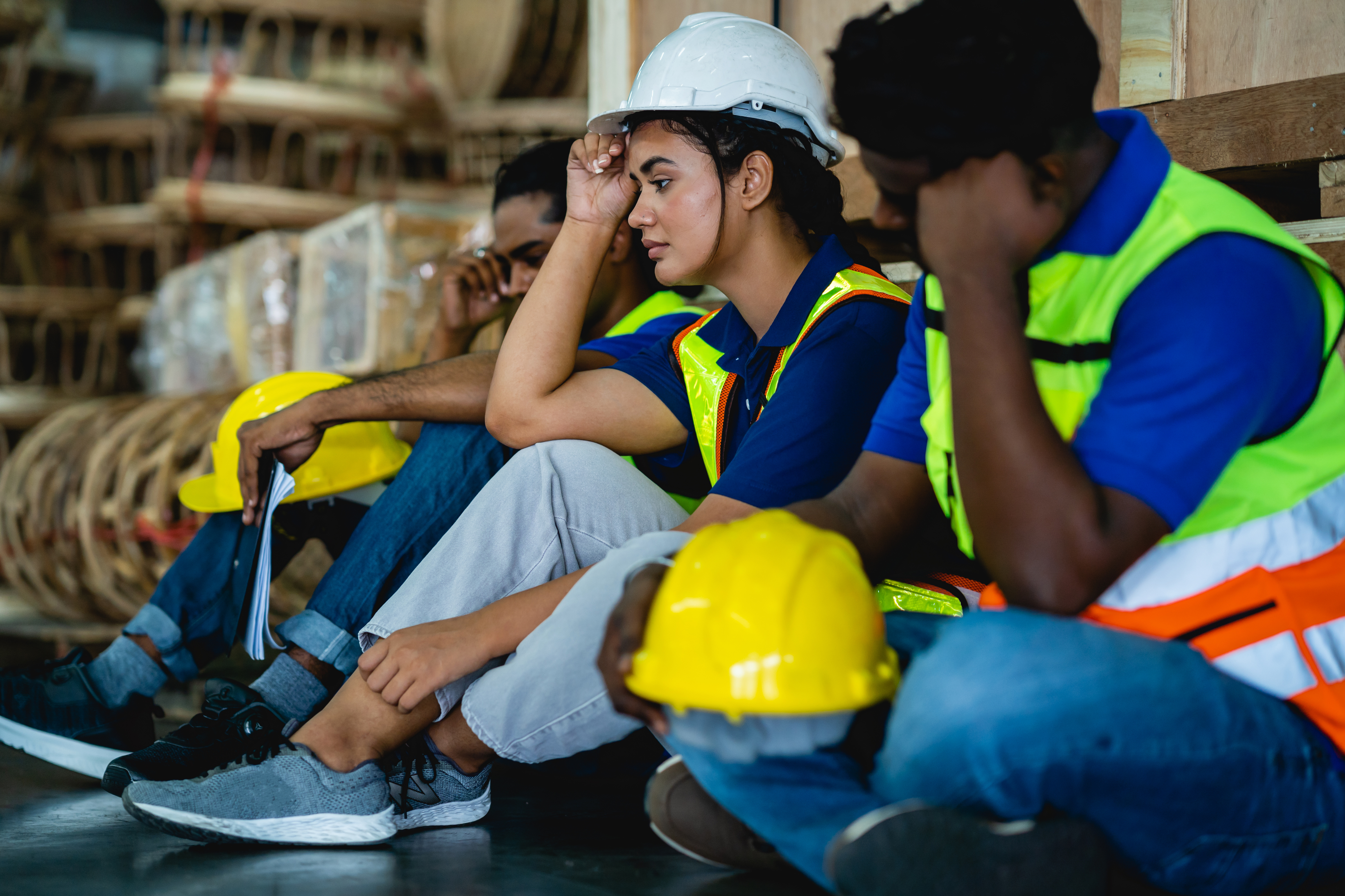 Construction workers in safety vests and hard hats discussing plans on a job site