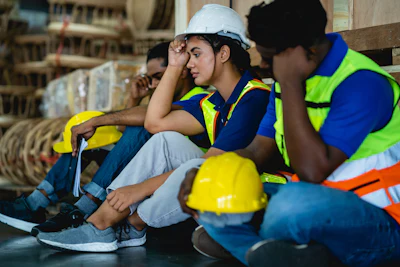 Construction workers in safety vests and hard hats discussing plans on a job site