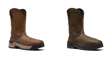 Two brown leather work boots with steel toe caps displayed side-by-side for comparison