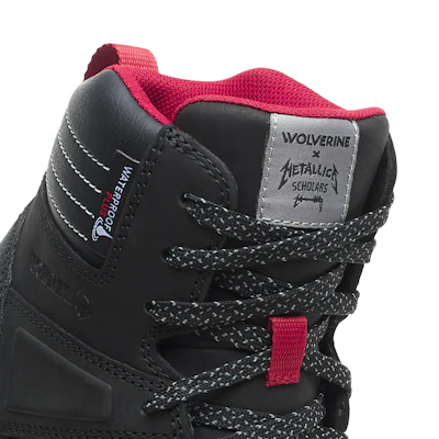 Black Wolverine x Metallica Scholars boot with burgundy accents and textured laces