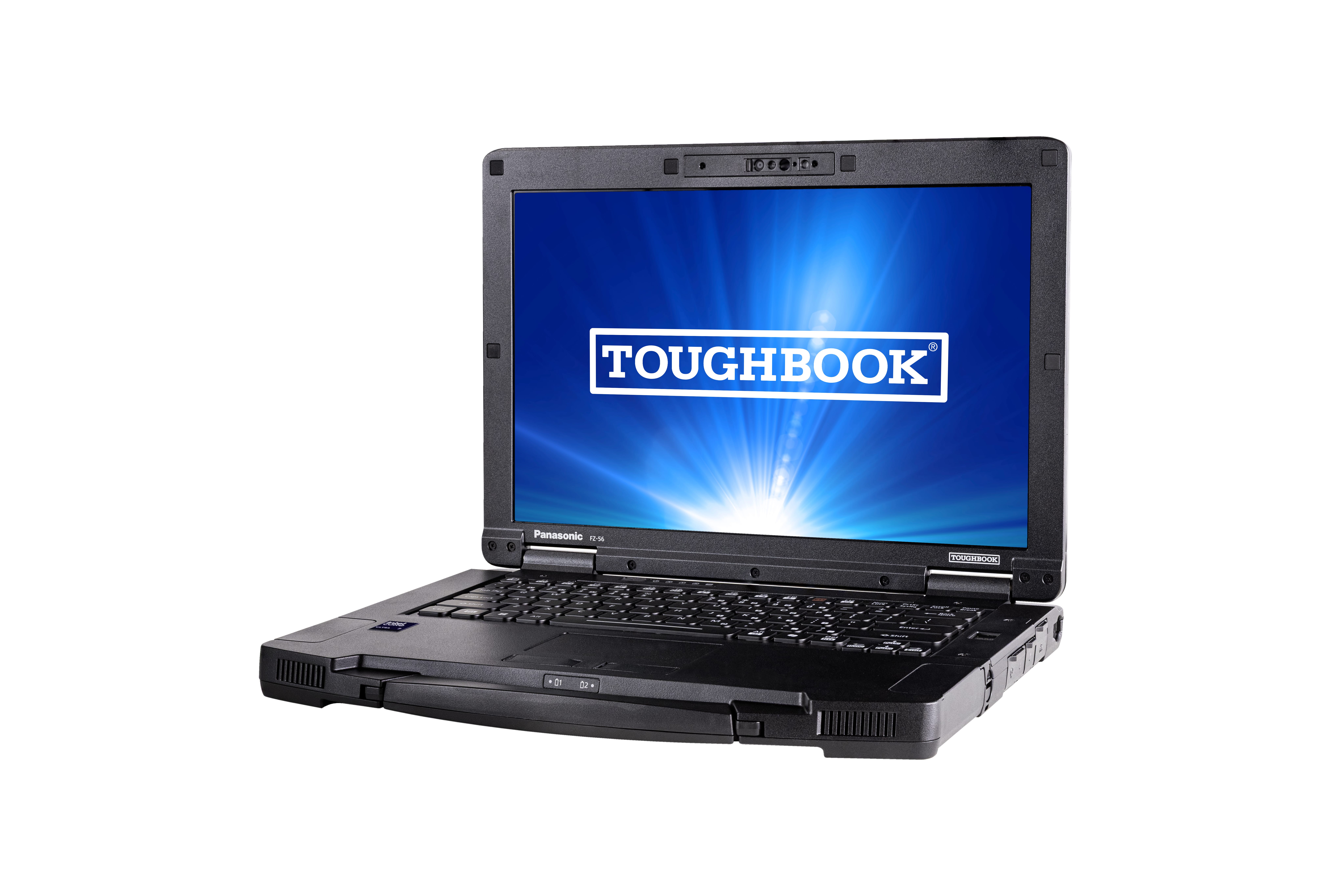 Panasonic Toughbook rugged laptop with black chassis and blue illuminated display showing Toughbook branding