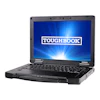 Panasonic Toughbook rugged laptop with black chassis and blue illuminated display showing Toughbook branding