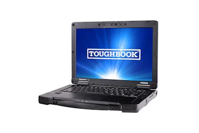 Panasonic Toughbook rugged laptop with black chassis and blue illuminated display showing Toughbook branding