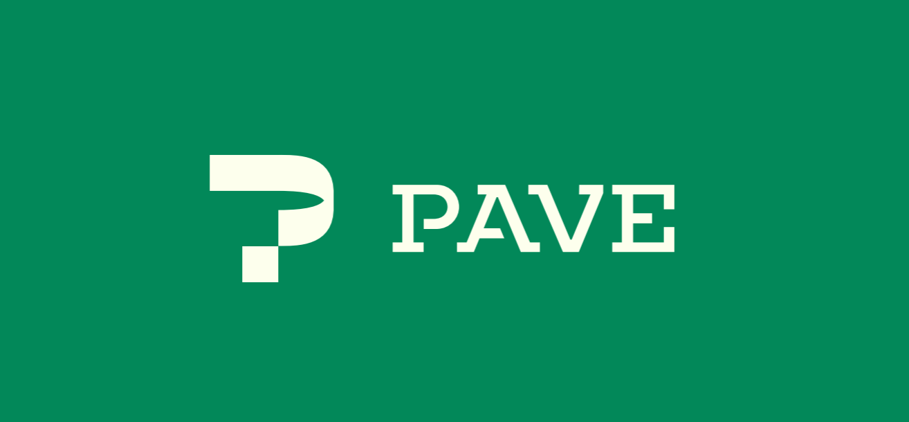 PAVE logo with geometric symbol and white text on teal background