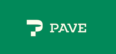 PAVE logo with geometric symbol and white text on teal background