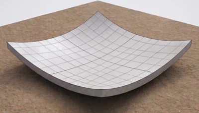 3D rendered curved white surface with grid pattern on textured ground