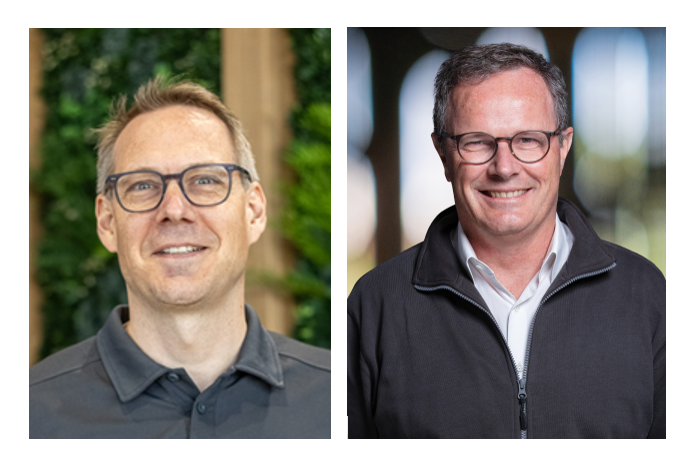 Two professional headshots of men wearing glasses and casual business attire against blurred backgrounds