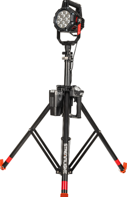 Professional LED strobe light on adjustable tripod stand with red accents