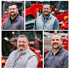 Four men in professional outdoor attire smiling at camera with red farm equipment in background