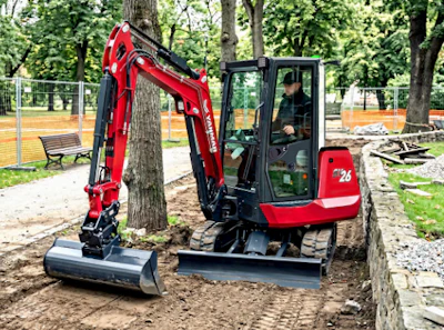 Red compact excavator with operator working on tree removal in a park surrounded by green trees and orange safety fencing