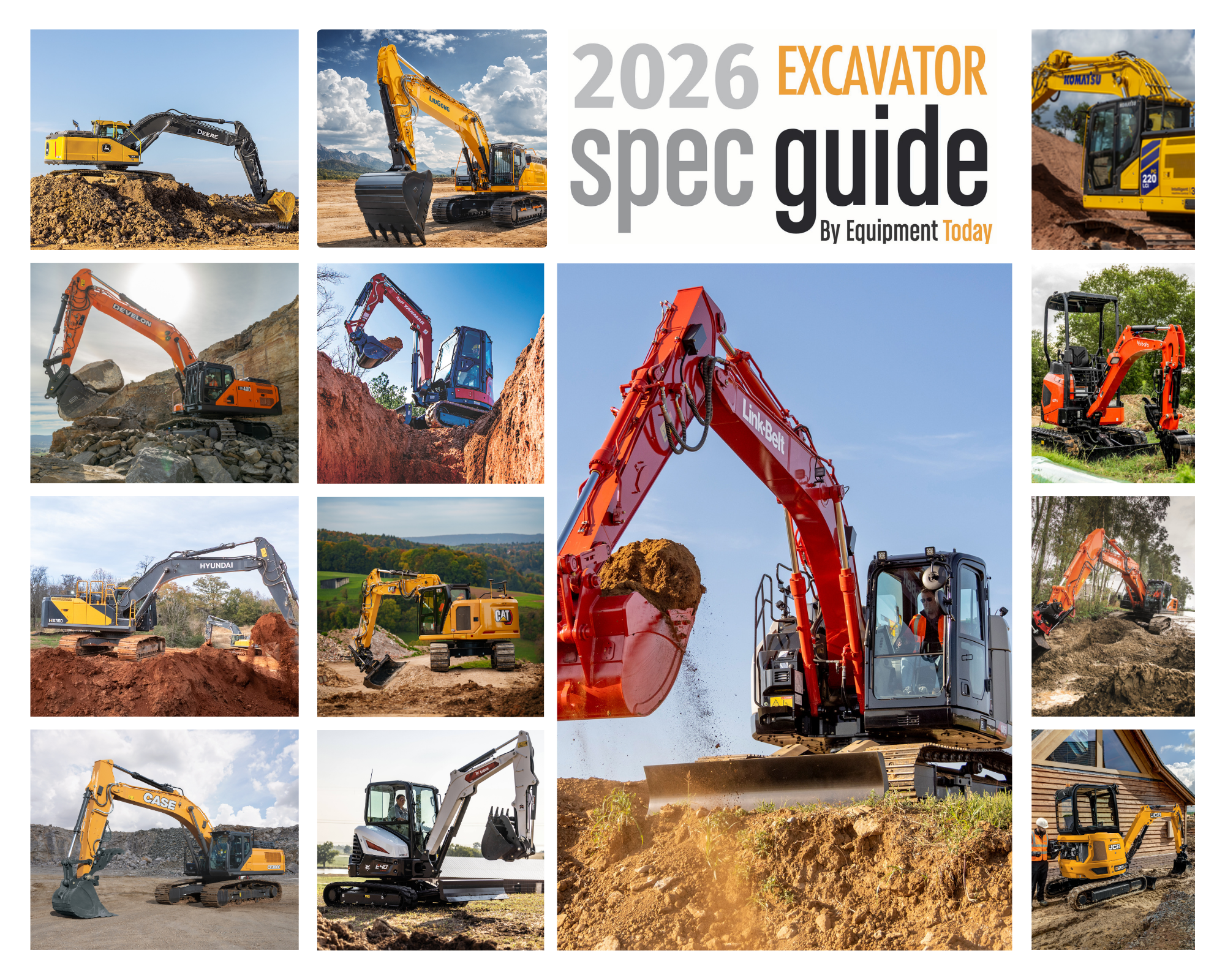 2026 Excavator Spec Guide cover featuring multiple yellow and red excavators in various construction and mining settings