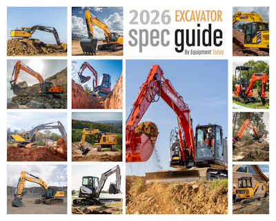2026 Excavator Spec Guide cover featuring multiple yellow and red excavators in various construction and mining settings