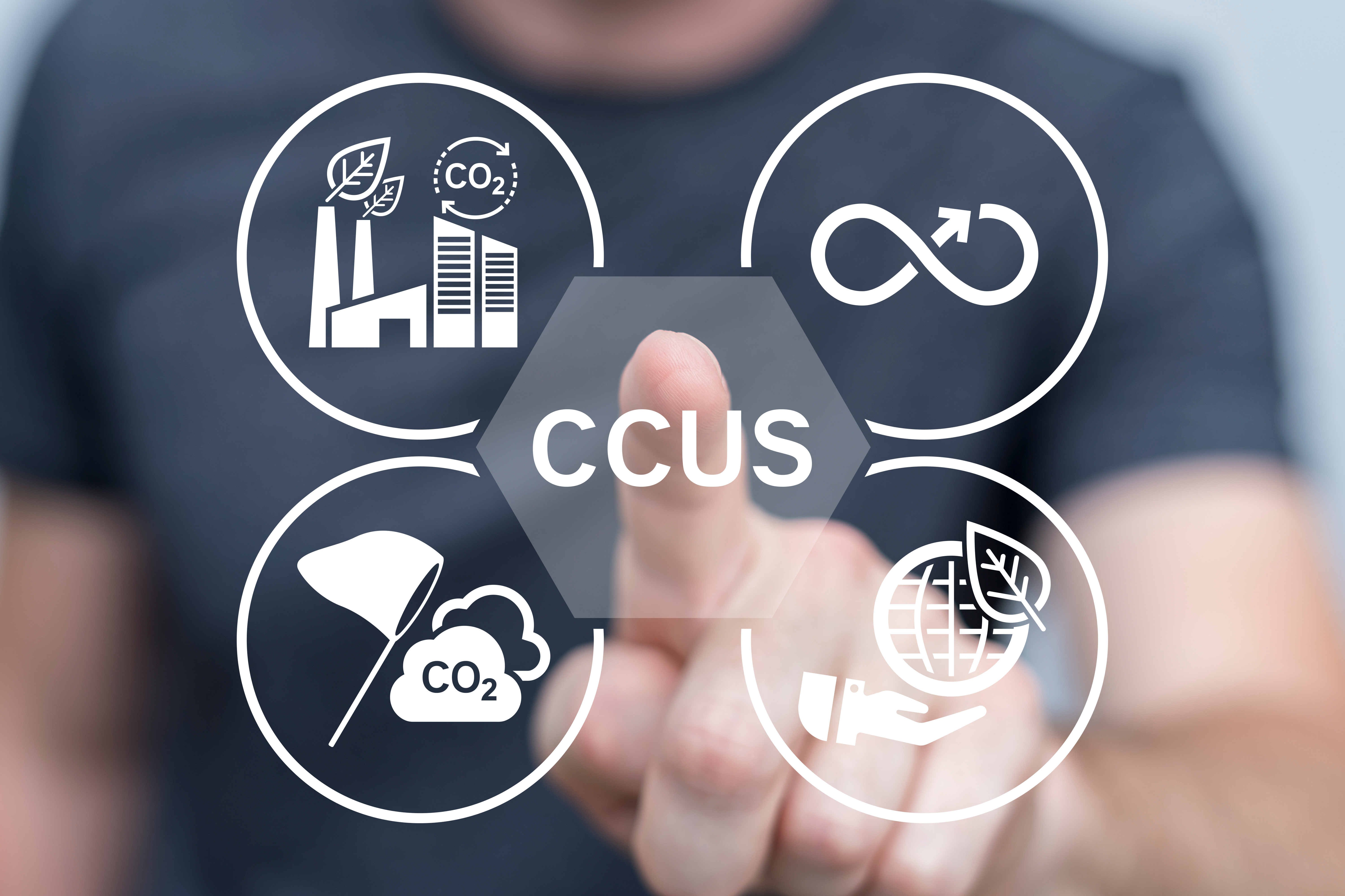 Person touching digital CCUS diagram with four sustainability icons: industrial emissions, circular economy, carbon capture, and green energy