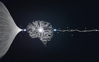Abstract AI brain circuit board with radiating neural network connections and data flow on dark background