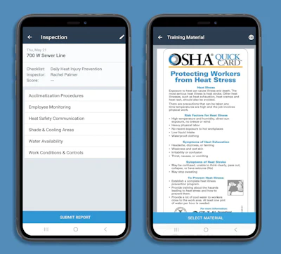 OSHA QuickCard training material on heat stress prevention displayed on mobile app interface
