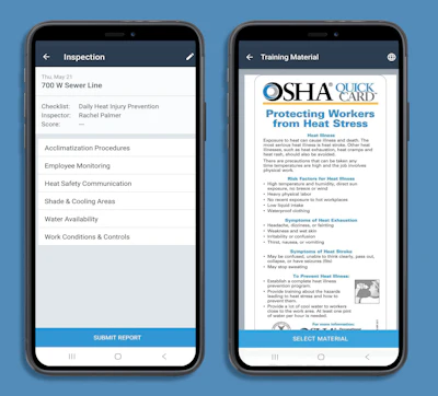 OSHA QuickCard training material on heat stress prevention displayed on mobile app interface