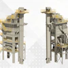 Industrial bulk material handling tower system with yellow safety platforms and gray structural framework, shown from front and side views