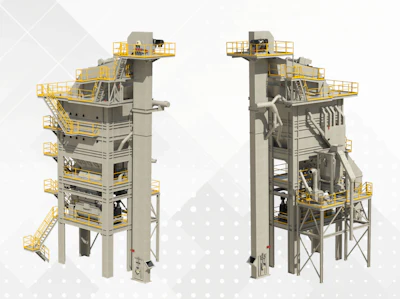 Industrial bulk material handling tower system with yellow safety platforms and gray structural framework, shown from front and side views