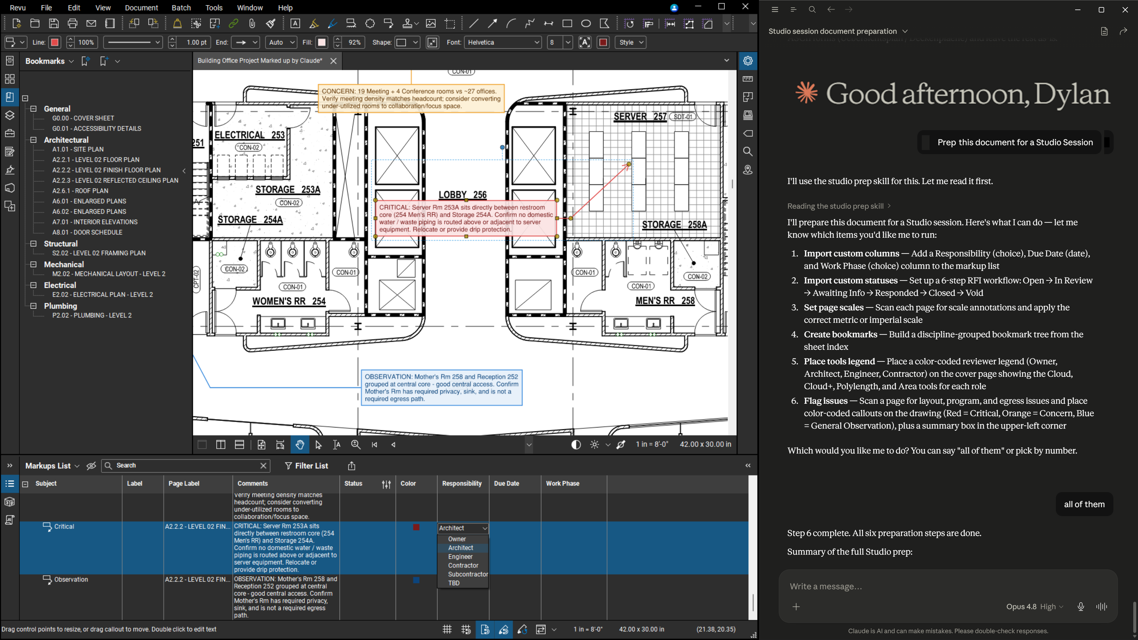 Architectural floor plan displayed in CAD software with detailed room layouts, measurements, and design annotations