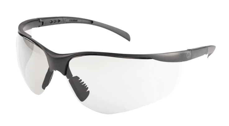 Black wraparound safety glasses with clear lenses and adjustable temple arms