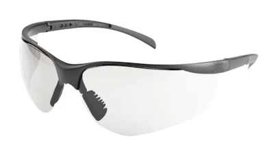 Black wraparound safety glasses with clear lenses and adjustable temple arms