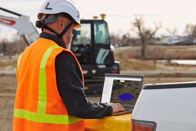 Construction worker wearing safety gear reviews mapping software on laptop with excavator in background