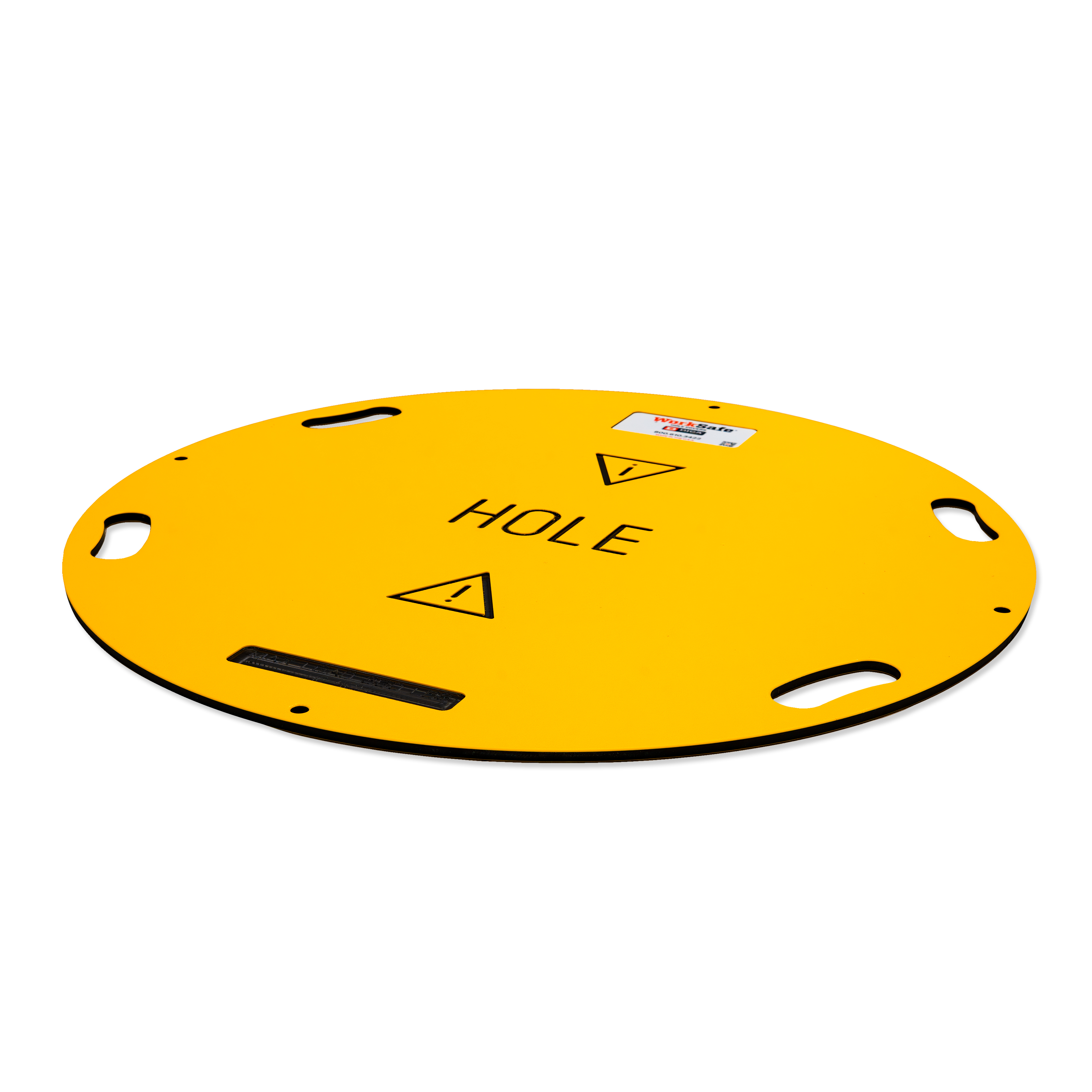 Yellow circular safety mat with 'HOLE' text and warning triangles for construction or utility use