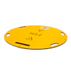 Yellow circular safety mat with 'HOLE' text and warning triangles for construction or utility use