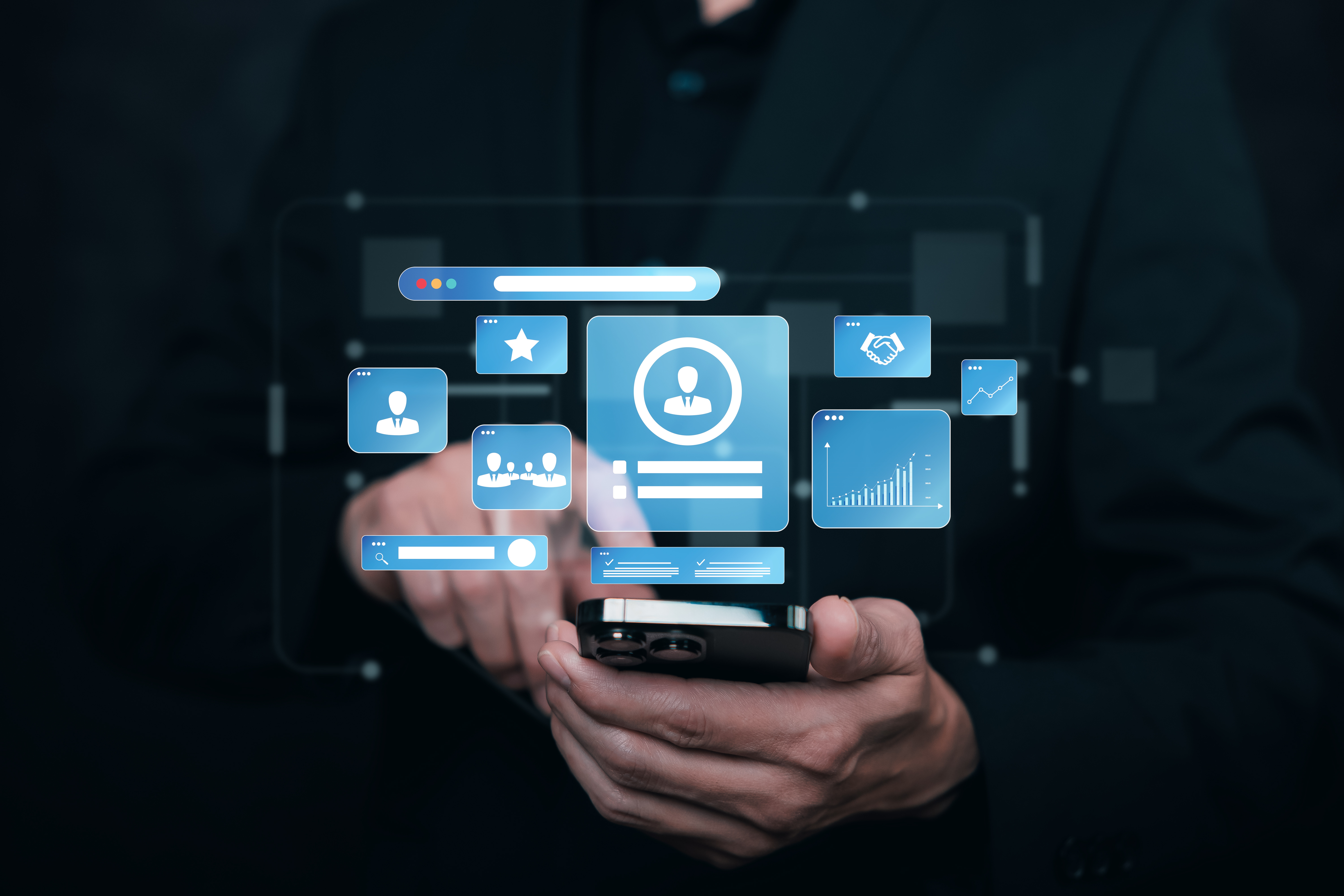Person holding smartphone displaying floating digital interface icons including user profile, analytics charts, and communication symbols