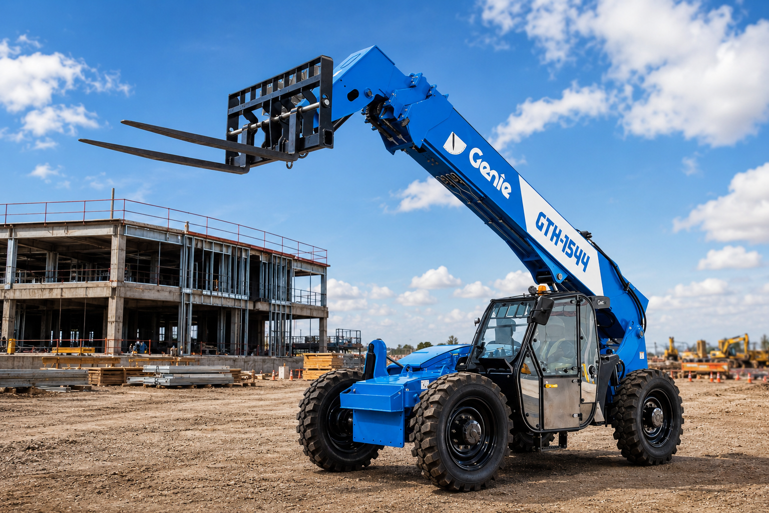 Blue Genie telehandler with extended boom on construction site next to unfinished concrete building