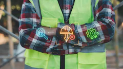 Construction worker in safety vest displaying neon-glowing icons representing inspection, tools, and energy efficiency
