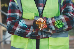 Construction worker in safety vest displaying neon-glowing icons representing inspection, tools, and energy efficiency