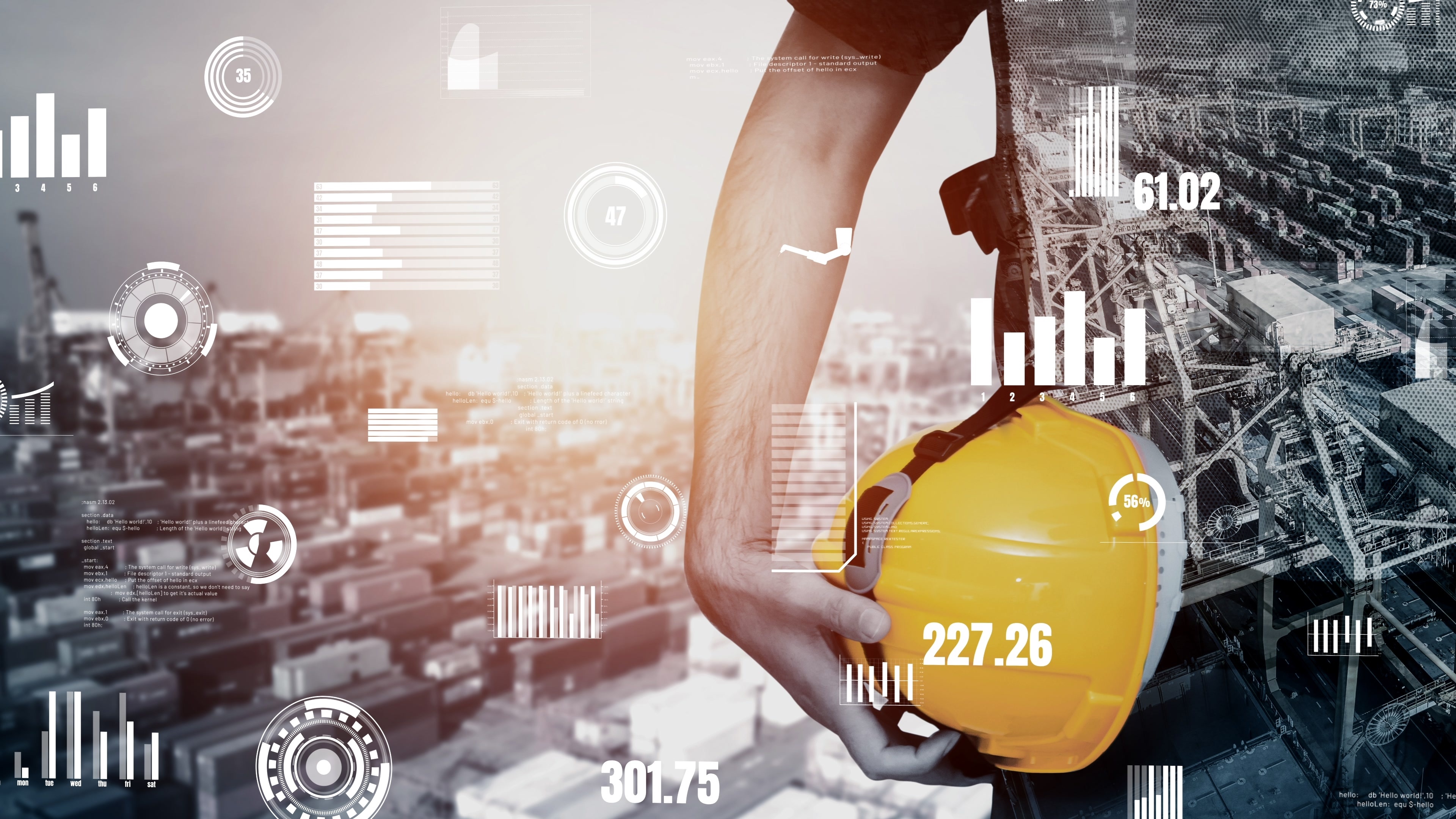 Construction worker holding yellow hard hat with data analytics overlays against cityscape background