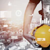Construction worker holding yellow hard hat with data analytics overlays against cityscape background