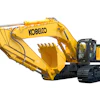 Kobelco yellow hydraulic excavator with tracked undercarriage and bucket attachment