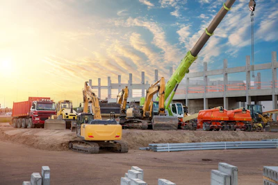 Construction site with heavy machinery, excavators, concrete pump, and trucks at sunset with building framework in background.