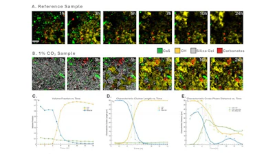 Fluorescence microscopy time-series comparing reference and 1% CO2-treated samples with quantitative analysis graphs of volume fraction, cluster length, and cross-phase distance over 24 hours.