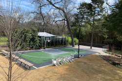 Backyard multi-sport court with basketball hoop, green playing surface, and pool house surrounded by trees