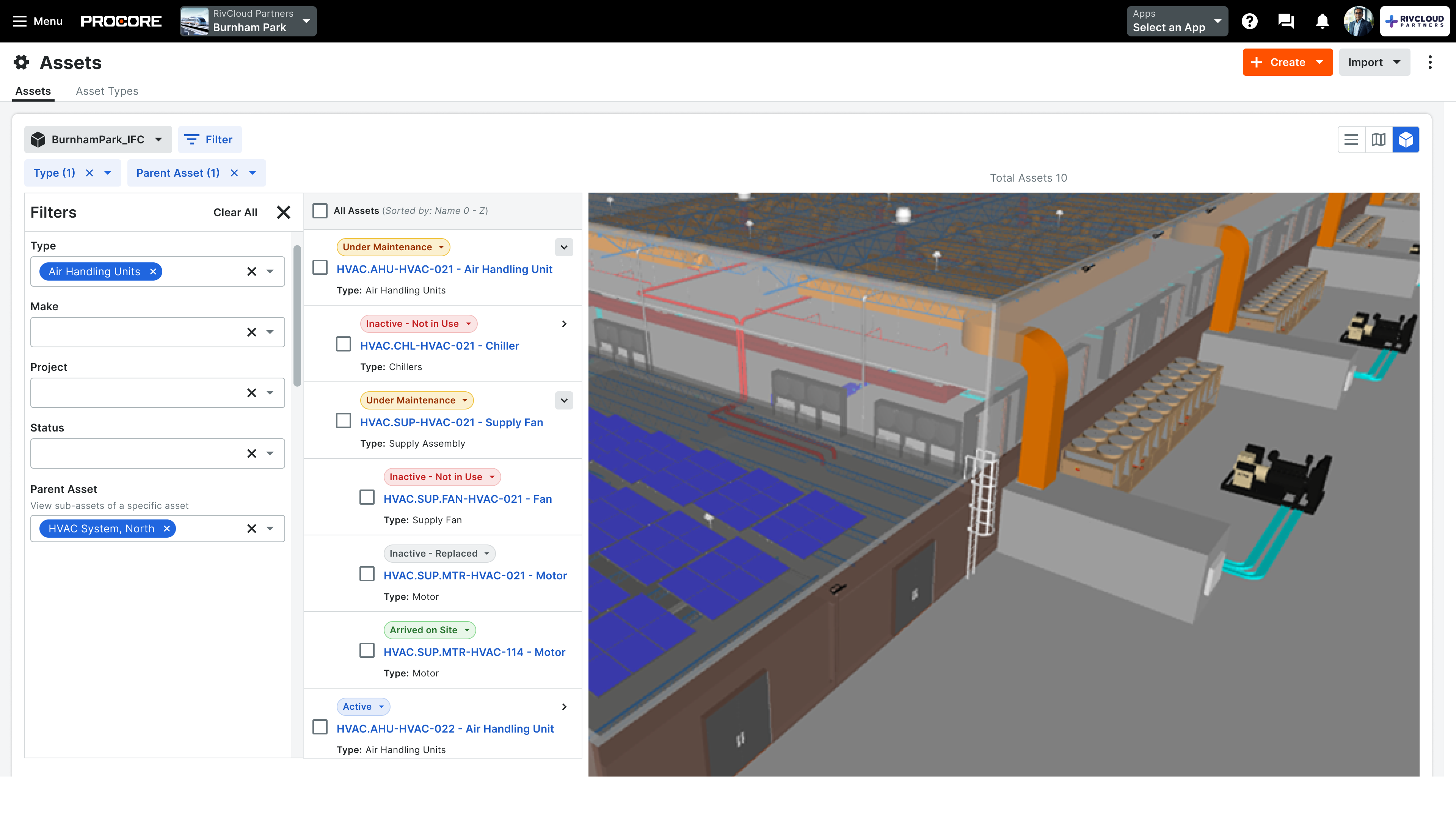 Prodcore asset management interface displaying 3D warehouse with HVAC systems and equipment list