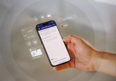 Hand holding smartphone displaying mobile app with floating UI icons and widgets in augmented reality visualization