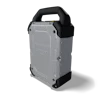 Portable power station with gray metal body, black handle and corner guards