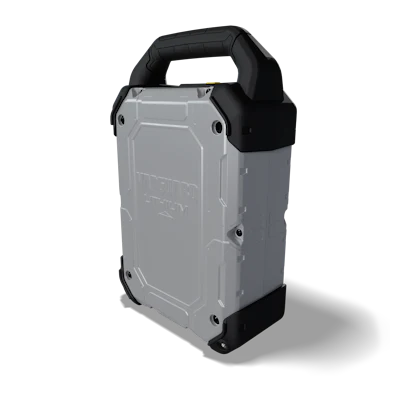 Portable power station with gray metal body, black handle and corner guards