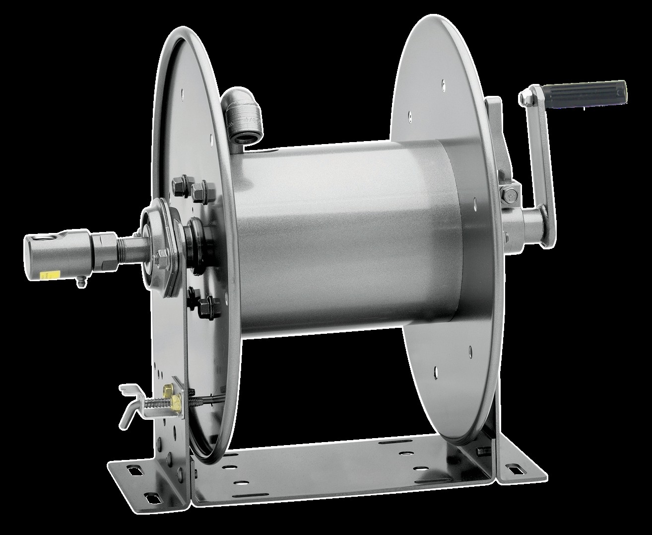 Industrial hose reel with dual flanged wheels, central drum, electric motor, and manual crank handle mounted on base