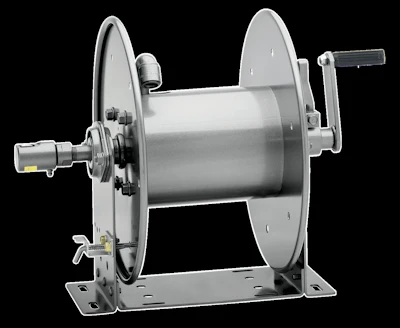 Industrial hose reel with dual flanged wheels, central drum, electric motor, and manual crank handle mounted on base